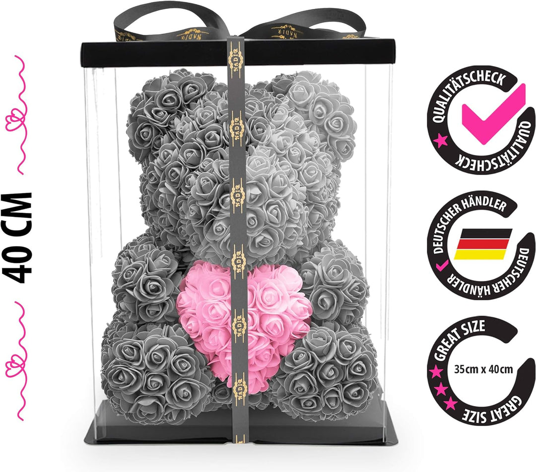 NADIR Rosen Bär Blumenbär mit Geschenkbox, Geburtstagsgeschenk für Frauen, Geschenk für Freundin zum