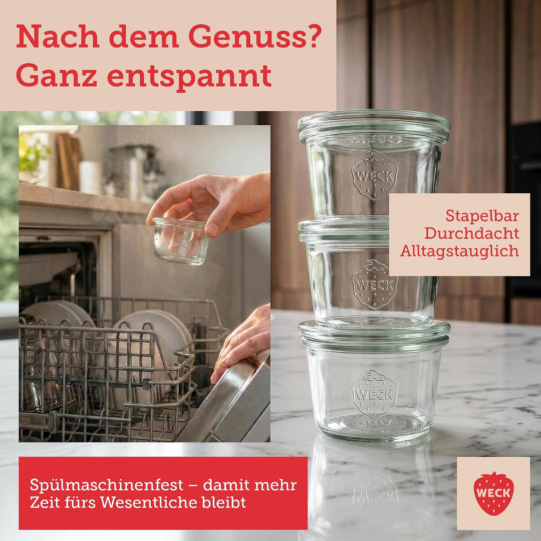 Weck Gläser 45ml – 12er Set mit Deckeln – Sturzform – robuste, stapelbare Dessertgläser, Einkoch- &amp;