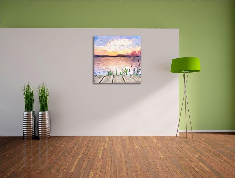 Pixxprint Sonnenuntergang am See Natur Wiese, Format: 70x70 auf Leinwand, 70x70