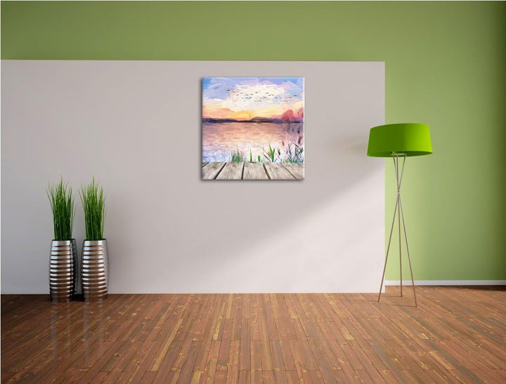 Pixxprint Sonnenuntergang am See Natur Wiese, Format: 70x70 auf Leinwand, 70x70