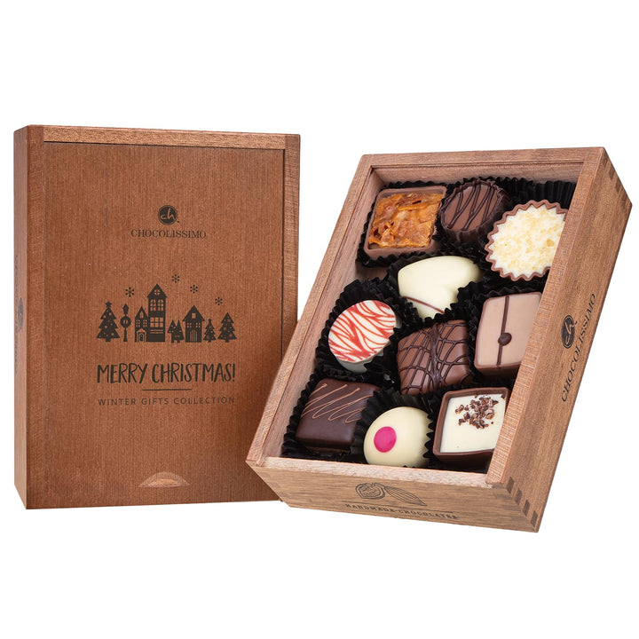 CHOCOLISSIMO Schokolade Geschenk - 10 handgemachte Pralinen in einer schicken Holzbox - Weihnachtssc