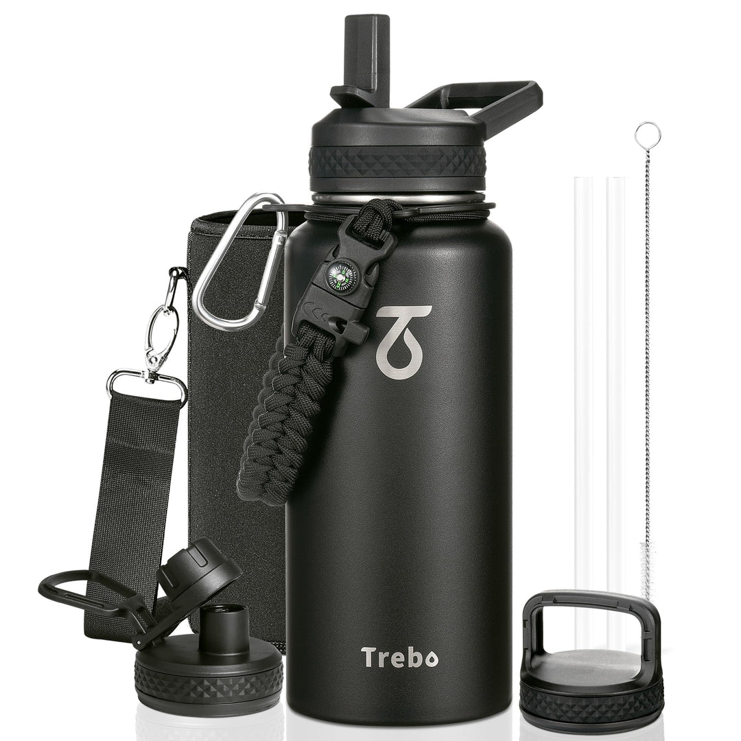 Trebo 1l Wasserflasche isoliert mit Deckel und Strohhalm, doppelwandig vakuumierte Edelstahl-Metall-