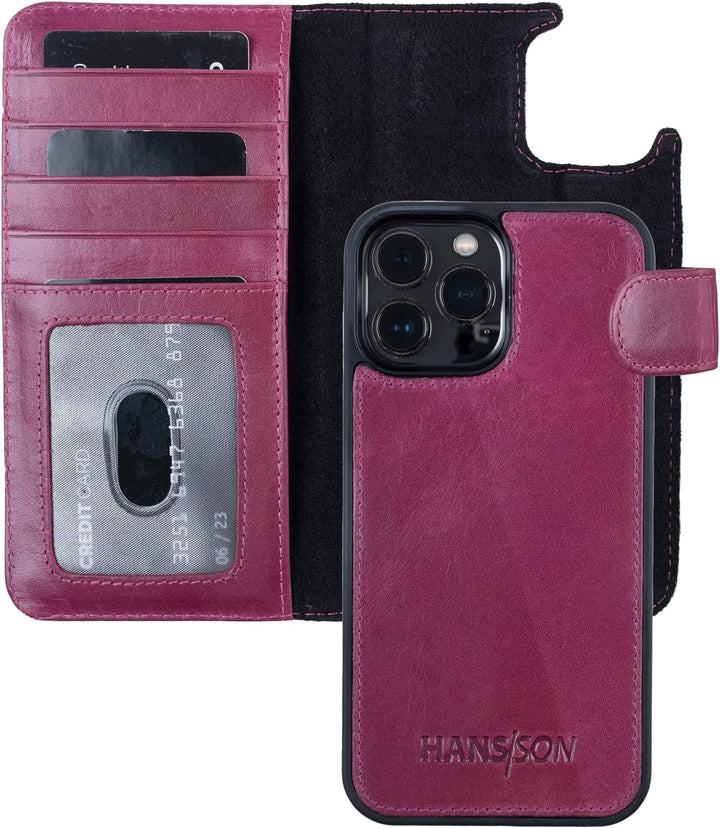 HANS/SON Hülle aus Echtleder mit Kartenfächern | iPhone 12 Pro Max Klapphülle in Magenta | Geldbeute