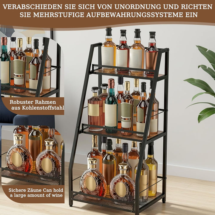 3-Tier Abgestufte Liquor Cabinet Mini Bar, Freistehendes Weinregal mit Geländer, Metall-Holz Flasche