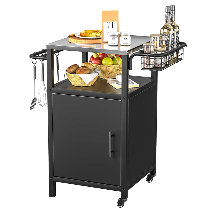 Edelstahl Grillwagen 3-Etagen, Grilltisch Outdoor mit Schrank, Outdoorküche mit 2 Rollen, 4 Haken &