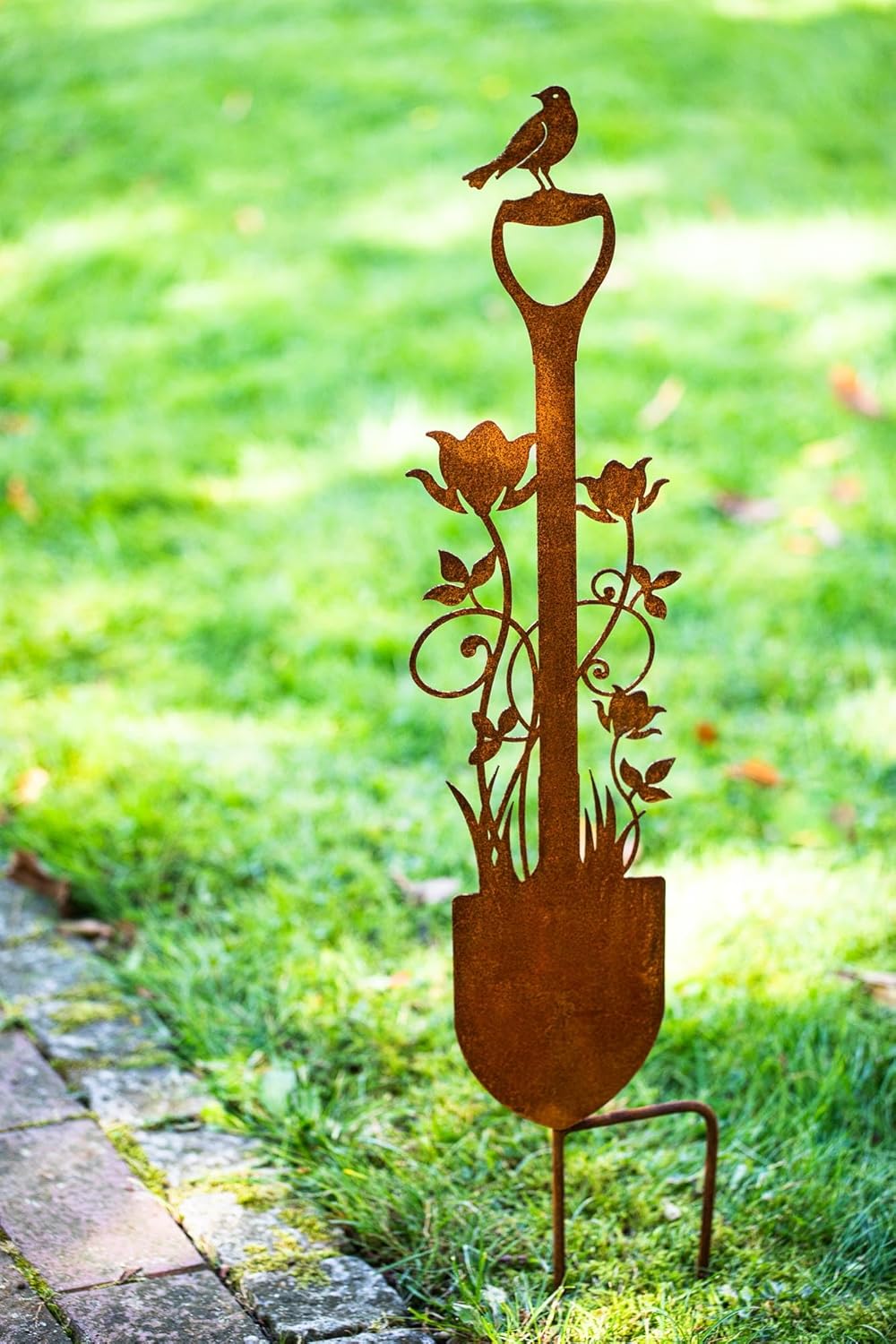 Bornhöft Gartenstecker Spaten Schaufel mit Blumen und Vogel Metall Gartendeko Rost Edelrost rostiger