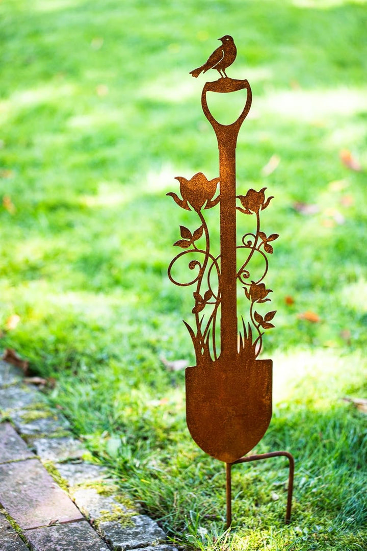 Bornhöft Gartenstecker Spaten Schaufel mit Blumen und Vogel Metall Gartendeko Rost Edelrost rostiger