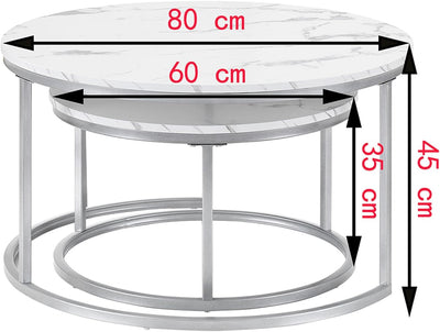hitsuki Couchtisch, Marmor Couchtisch Silber, Couchtisch Rund 2er Set, Wohnzimmertisch weiss aus Met