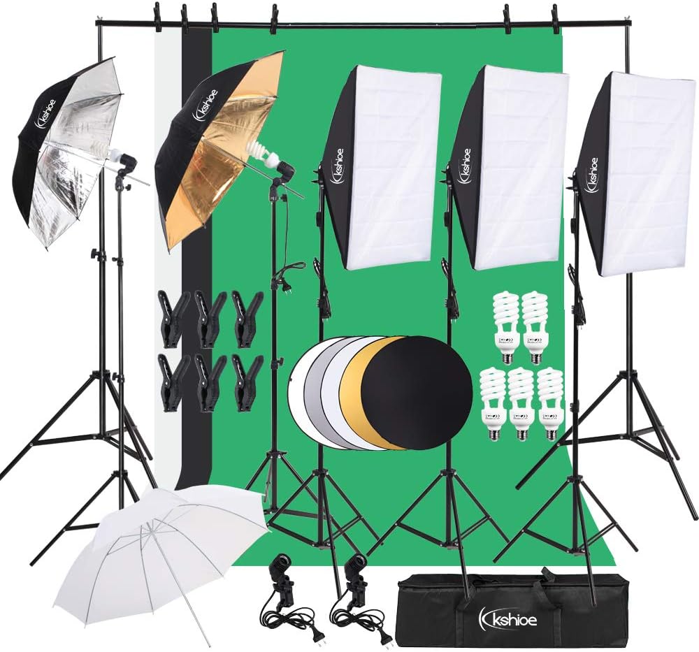 Bonnlo KS01 Fotostudio Set mit Softbox, Regenschirmen und Fotoleinwand Hintergrund – 5-in-1 Reflekto