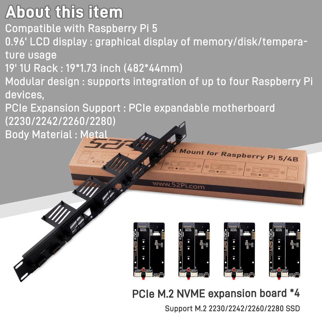 GeeekPi 19 Zoll 1U Rack-Halterung für Raspberry Pi 5, mit 4PCS PCIe auf M.2 NVMe SSD Adaptern, hält