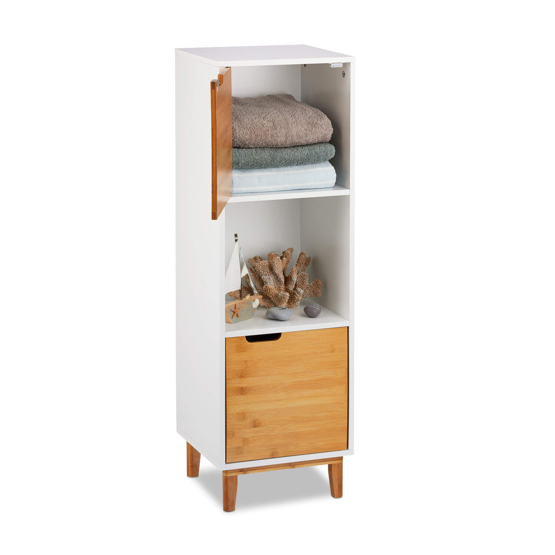 Relaxdays Standregal weiss, Beistellschrank aus MDF und Bambus, Wohnzimmerregal, skandinavisch, HBT