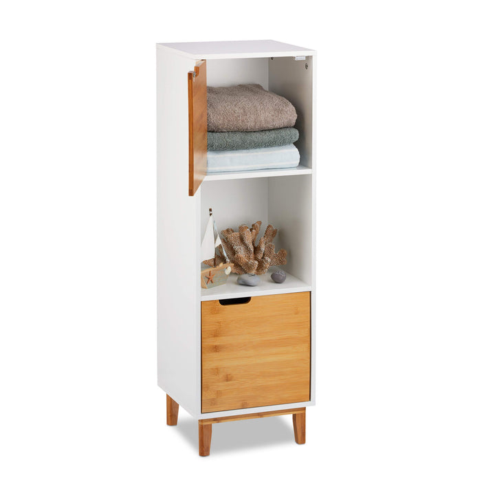 Relaxdays Standregal weiss, Beistellschrank aus MDF und Bambus, Wohnzimmerregal, skandinavisch, HBT
