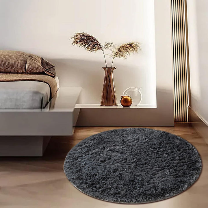CHOSHOME Teppich Rund 80CM Wohnzimmer Hochflor Waschbar Teppich Shaggy Grau Runden Teppiche Einfarbi