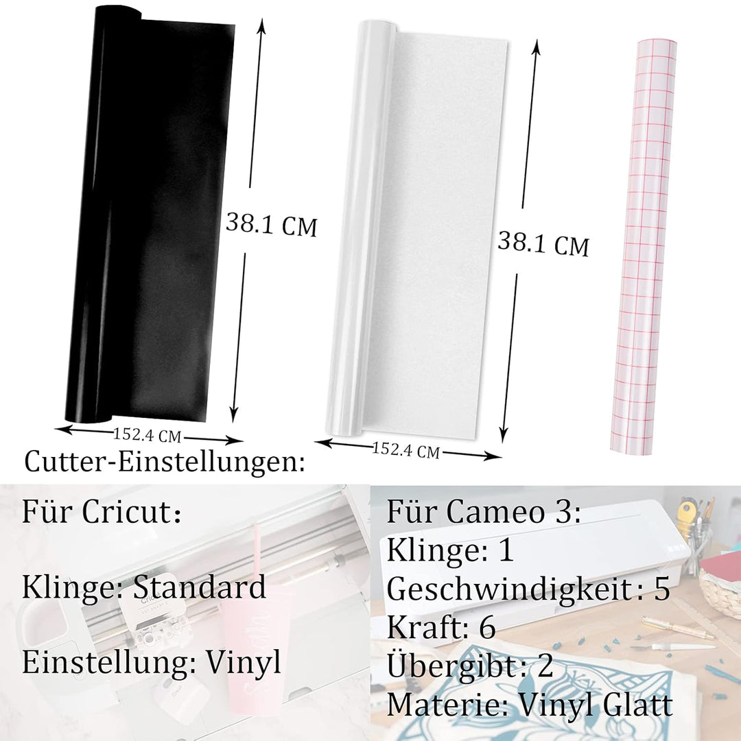 HTVRONT Vinylfolie Plotter Rollen 30.48cm x 152.4cm Matte Schwarz und Weiss Plotterfolie Selbstklebe
