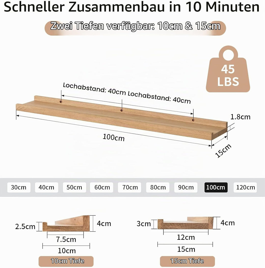 Bilderleiste Holz,100cm Eiche Regal Massiv Schweberegal Wandregal gewürzregal regalbrett Hängeregal
