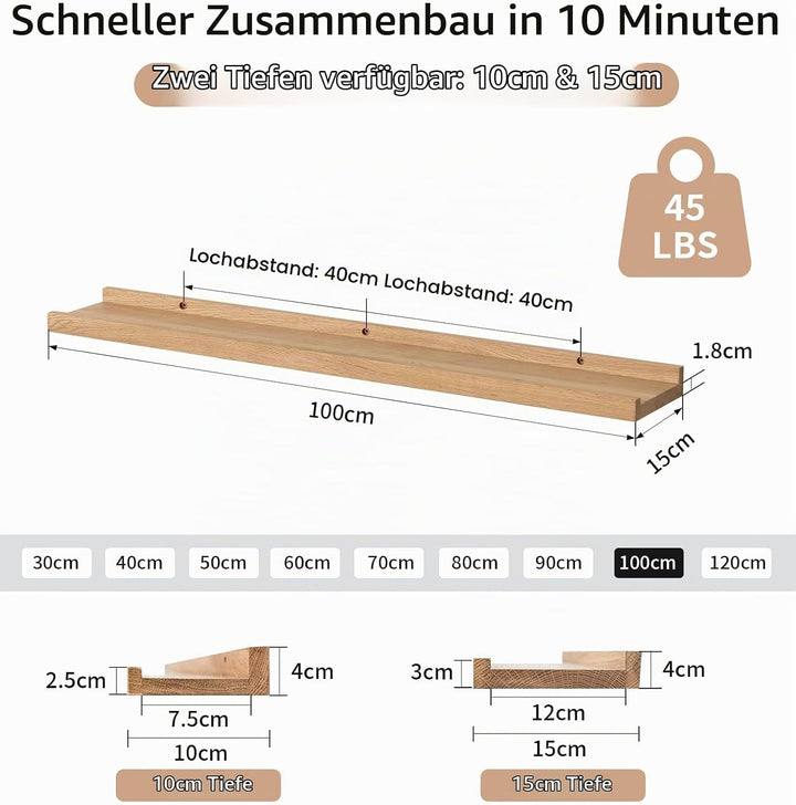 Bilderleiste Holz,100cm Eiche Regal Massiv Schweberegal Wandregal gewürzregal regalbrett Hängeregal