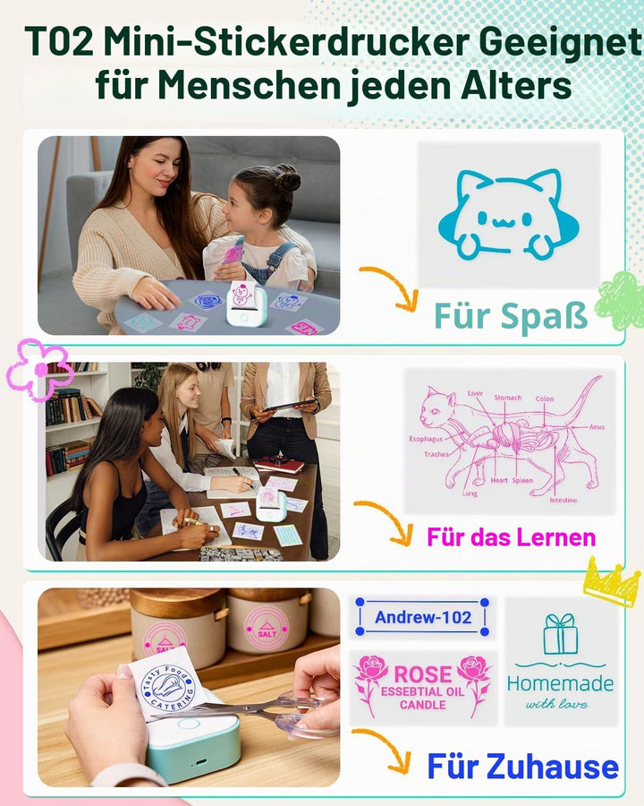 Mini Drucker für Smartphone, T02 Minidrucker Tragbarer Mini Thermodrucker Grün, Grün