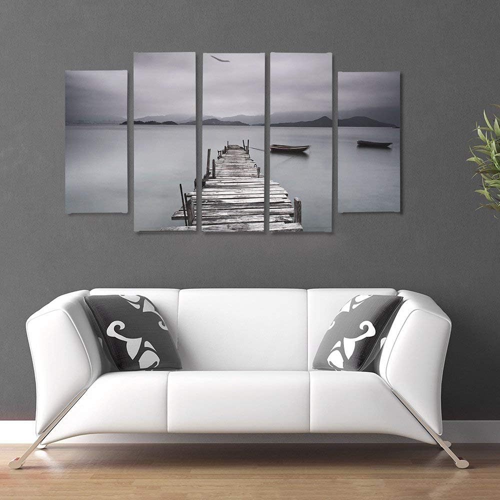 Feeby Frames, Leinwandbild Bilder Wand Bild - 5 Teile - Wandbilder Kunstdruck (BRÜCKE, SEE, GRAU) 15