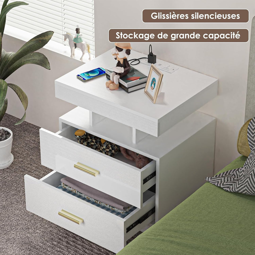 PIPIPOXER Nachttisch Weiss 2er Set, Nachttisch mit LED, Nachtschrank mit Steckdose und Ladefunktion,
