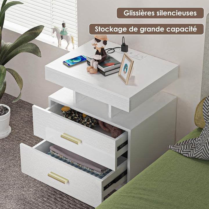 PIPIPOXER Nachttisch Weiss 2er Set, Nachttisch mit LED, Nachtschrank mit Steckdose und Ladefunktion,