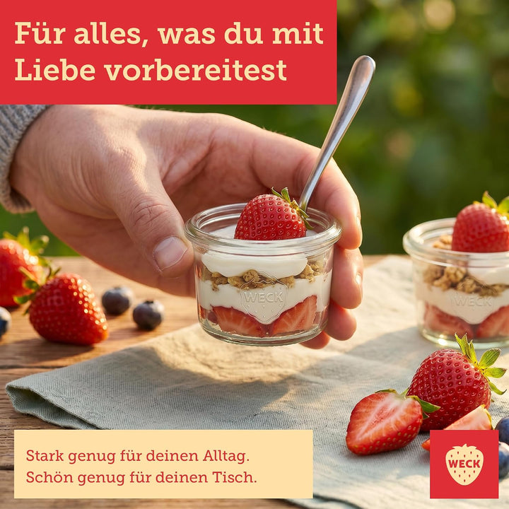 Weck Gläser 45ml – 12er Set mit Deckeln – Sturzform – robuste, stapelbare Dessertgläser, Einkoch- &amp;