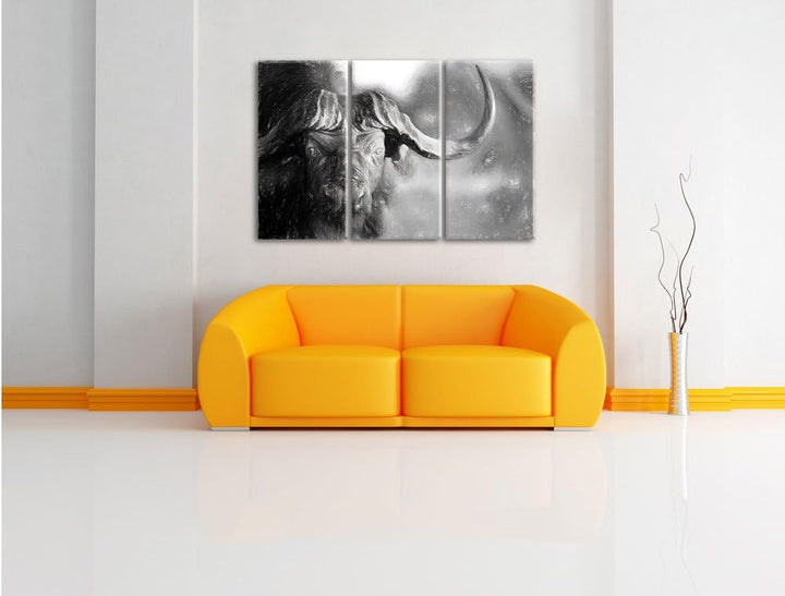 Pixxprint Kaffernbüffel mit kräftigen Hörnern Kunst Kohle Effekt 3-Teiler Leinwandbild 120x80 Bild a