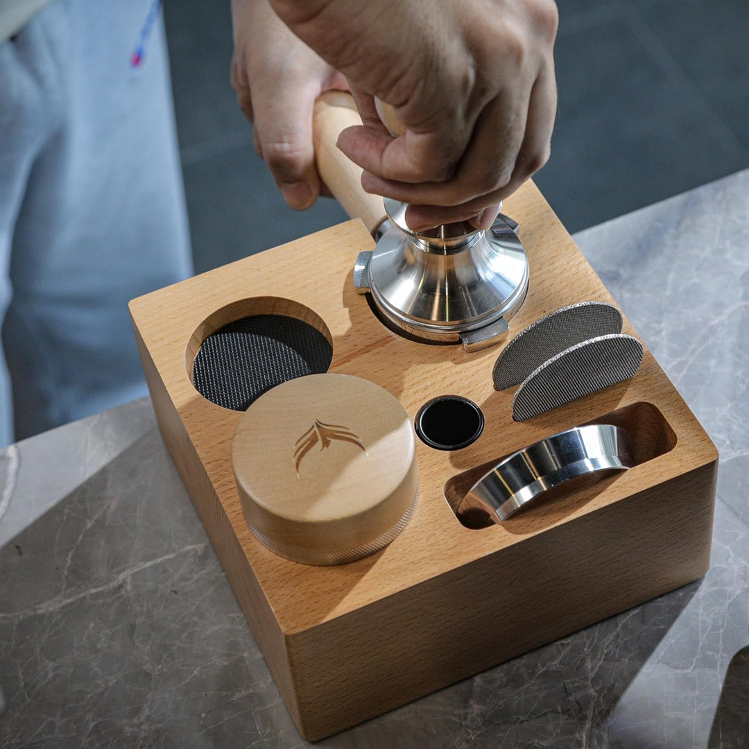 Espresso Tamperstation 58mm Buchenholz für E61, Gaggia, Rocket, Lelit, Profitec, ECM – 7-Fach Kaffee