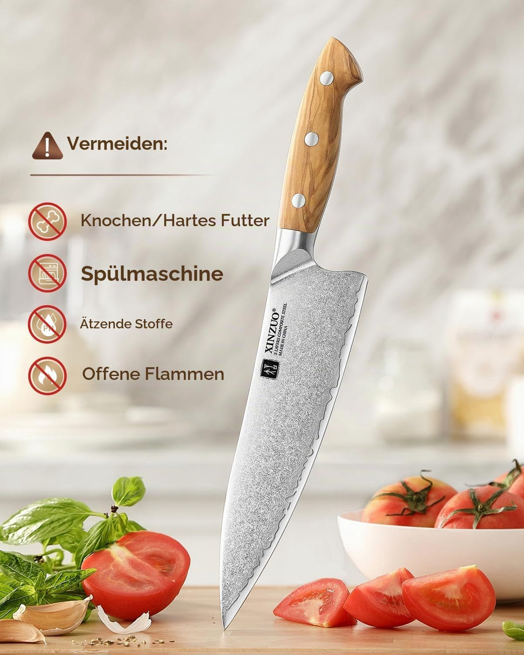 XINZUO 3 Schichten Verbundstahl 21cm Kochmesser Profi scharfe Küchen Chefmesser 10Cr15CoMoV-Stahlker