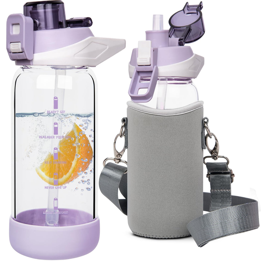 Seekua 0.6l Sport Trinkflasche Glas Flasche mit Strohhalm & Zeitmarkierung für Kinder, Schule 600ml