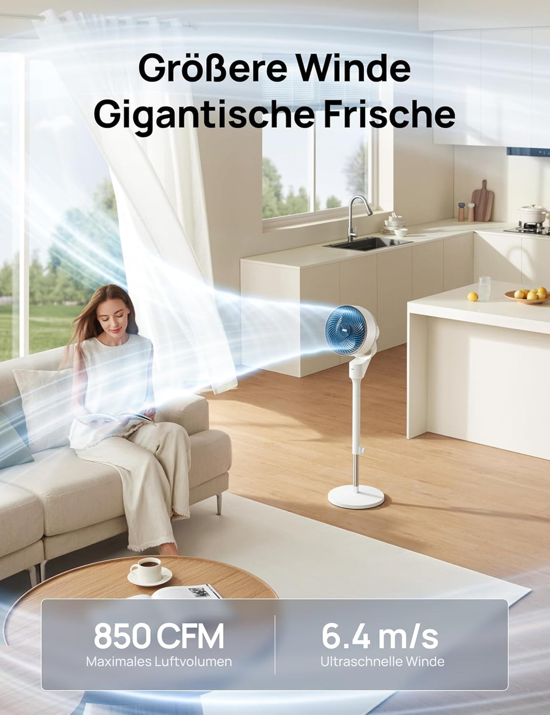 DREO Ventilator für Schlafzimmer, 80° oszillierender Standventilator, 20dB leise, 24m Reichweite, 90