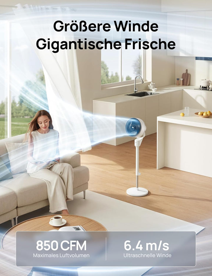 DREO Ventilator für Schlafzimmer, 80° oszillierender Standventilator, 20dB leise, 24m Reichweite, 90