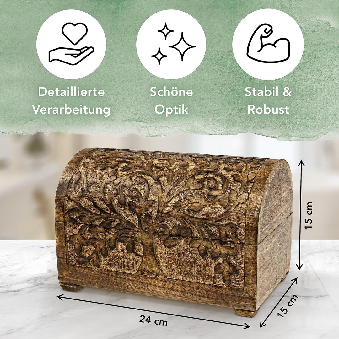 Kunstversteck Schatzkiste Baum des Lebens, massive Holz-Schatulle Dekobox 24x 15 x 15 cm Braun Box B