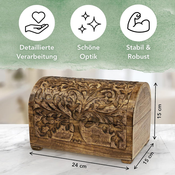 Kunstversteck Schatzkiste Baum des Lebens, massive Holz-Schatulle Dekobox 24x 15 x 15 cm Braun Box B