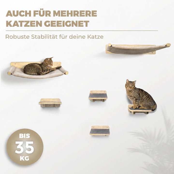 WOOWOOD Katzen Kletterwand 6-teilig, 2 Hängematten, 4 Katzentreppen | Wandmontage ohne Bodenfläche,