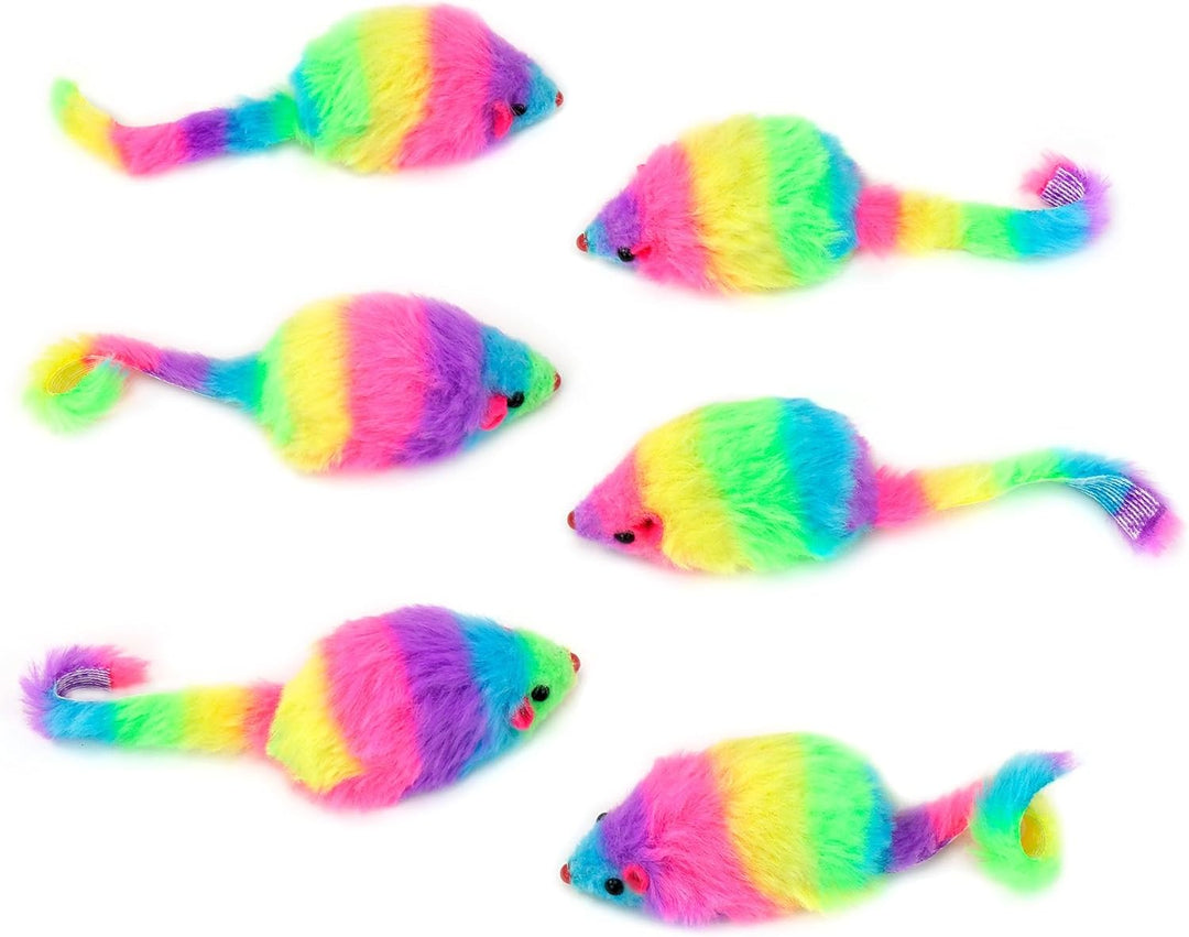 Chiwava 24 STK. 7,5cm Regenbogenfarbene pelzige Katzenspielzeug mäuse mit Rassel Kätzchen Maus Inter