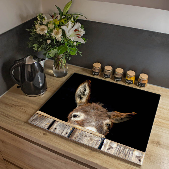 banjado® Herdabdeckplatte Glas 1-teilig 60x52 cm/Schneidebrett Herdabdeckung mit Motiv Esel/Herdabde