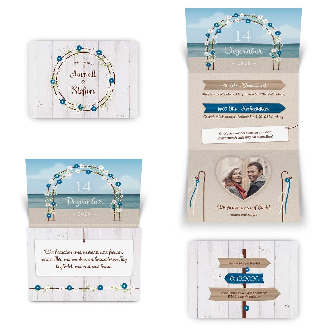 10 x Hochzeitseinladungen individuelle Hochzeit Einladungskarten DIN A6 Klappkarte mit Foto - Strand