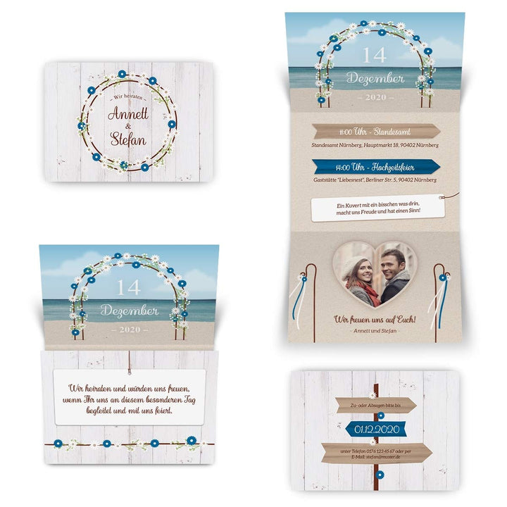 10 x Hochzeitseinladungen individuelle Hochzeit Einladungskarten DIN A6 Klappkarte mit Foto - Strand
