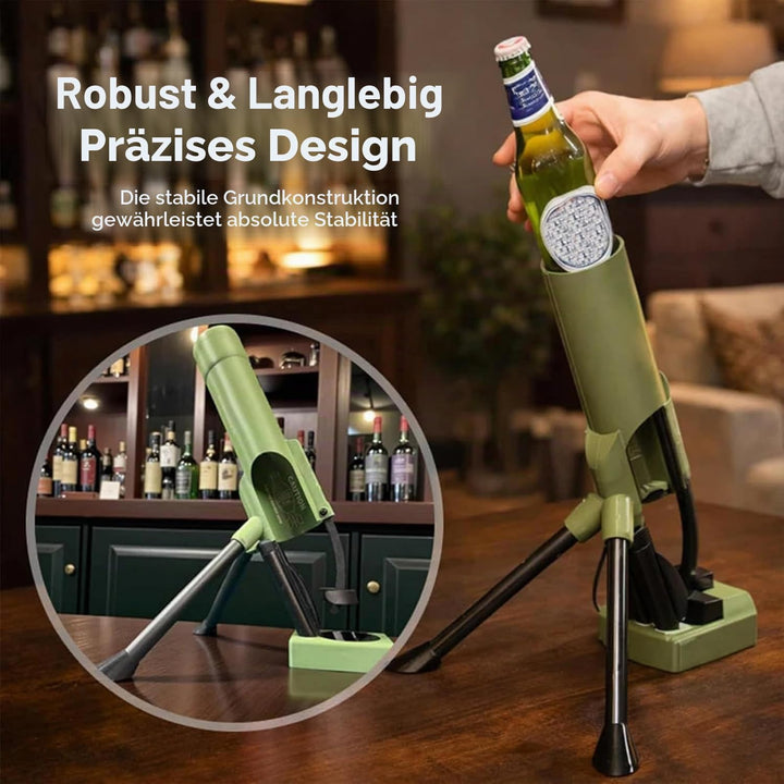 Mörser-Flaschenöffner "Suffkanone" mit automatischem Kronkorken-Auswurf, Drucköffner freihand, für 3