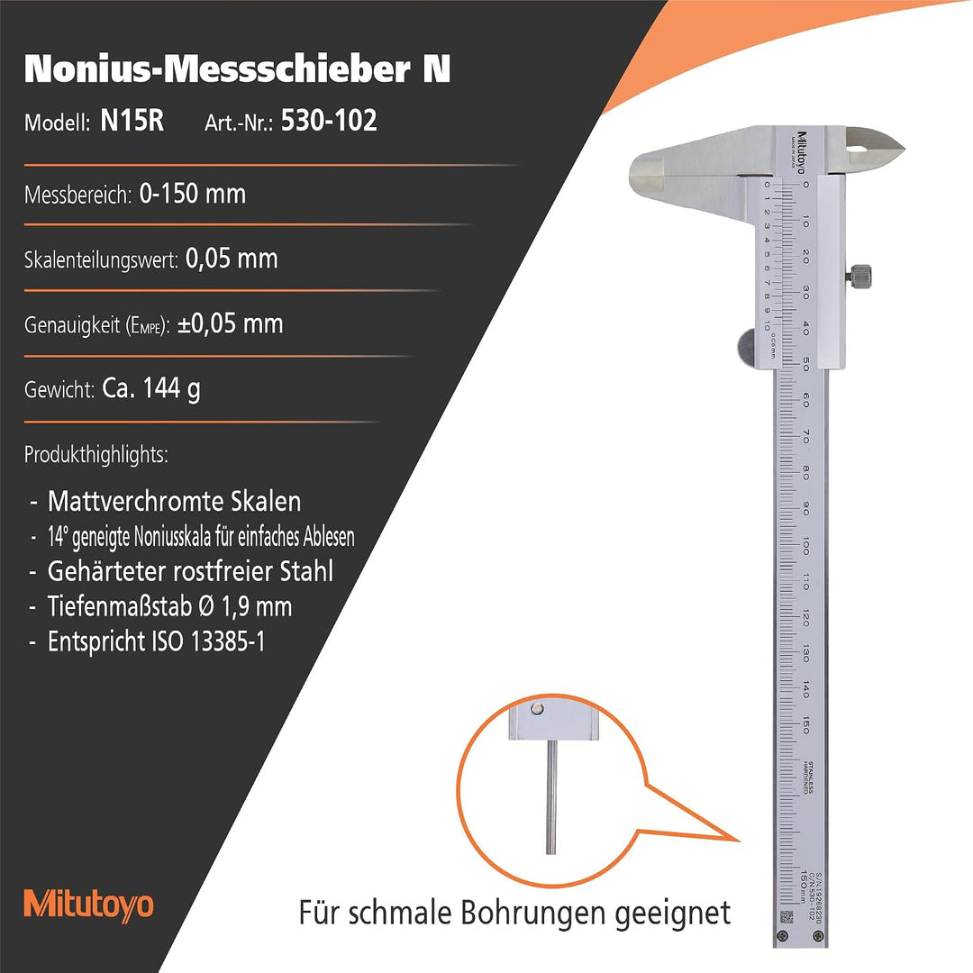 Mitutoyo 530-102 Standard-Nonius Messschieber, 0-150 mm