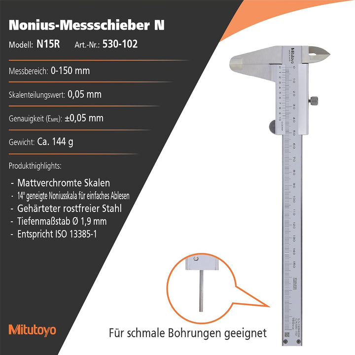 Mitutoyo 530-102 Standard-Nonius Messschieber, 0-150 mm