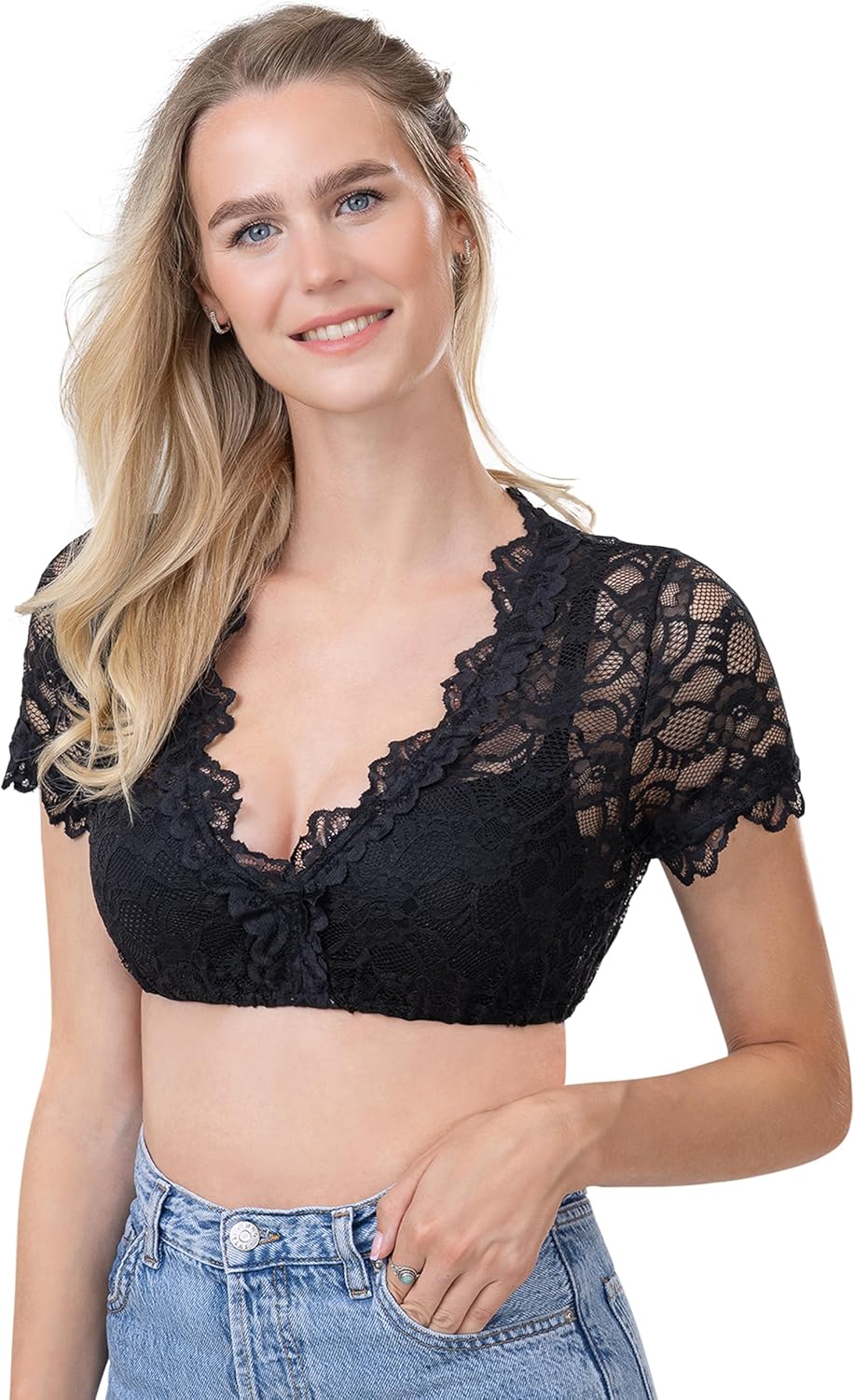 Damen Dirndlbluse aus Spitze Kurzarm schwarz - Elegante Stretch Dirndl Bluse Teil-transparent Thea 3