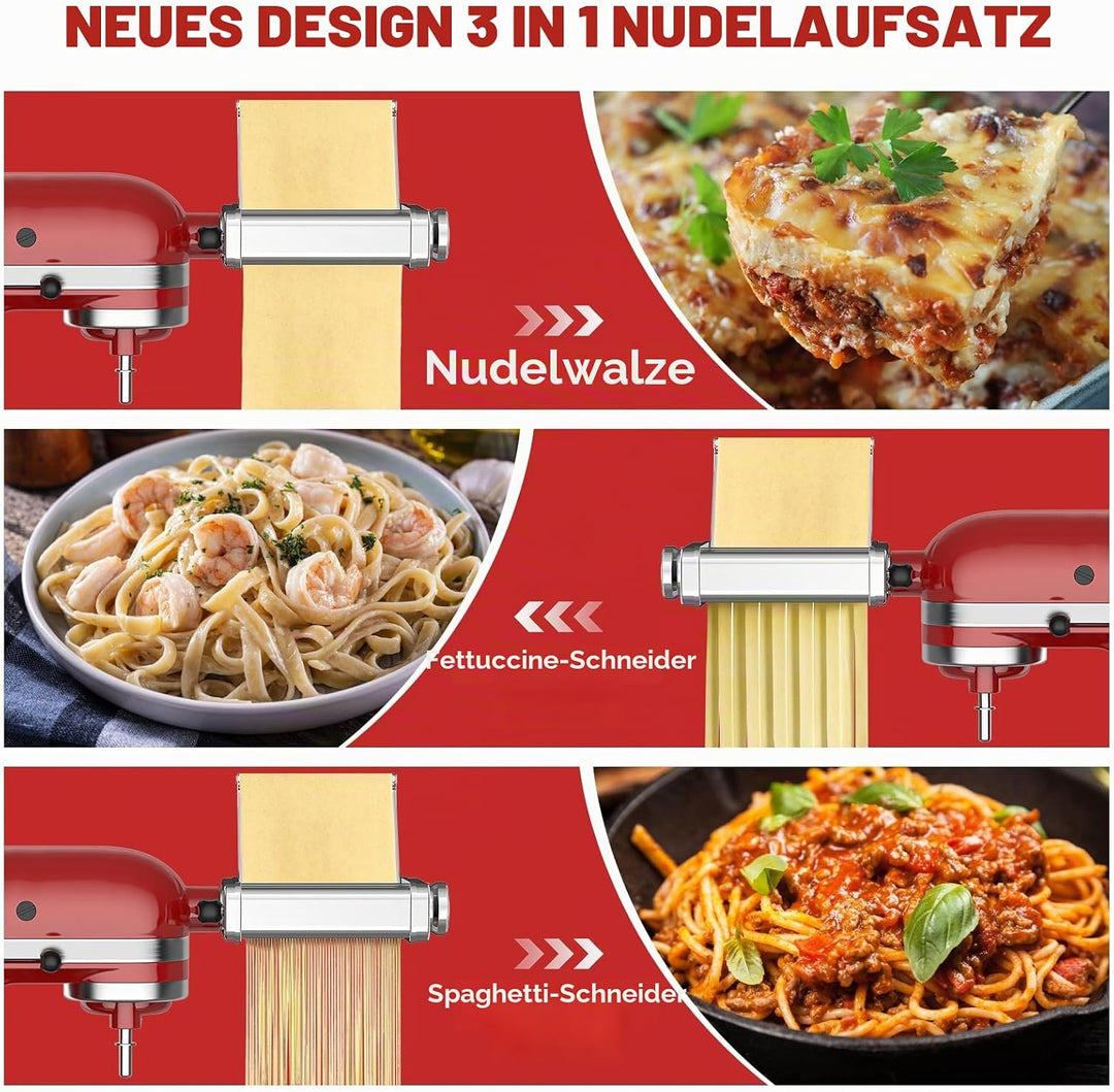 Gvode 3-in-1 Edelstahl Nudelaufsatz für KitchenAid Standmixer & Artisan, Pasta Zubehör für KitchenAi