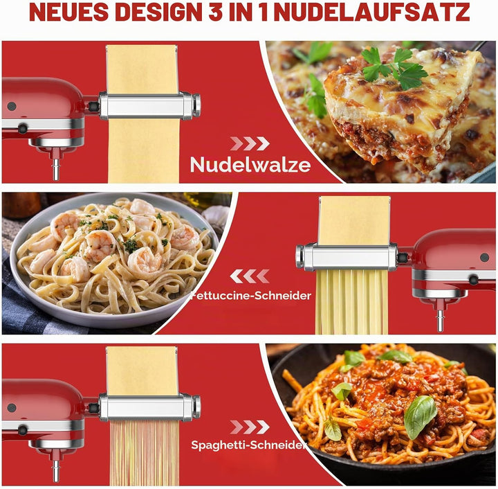 Gvode 3-in-1 Edelstahl Nudelaufsatz für KitchenAid Standmixer & Artisan, Pasta Zubehör für KitchenAi