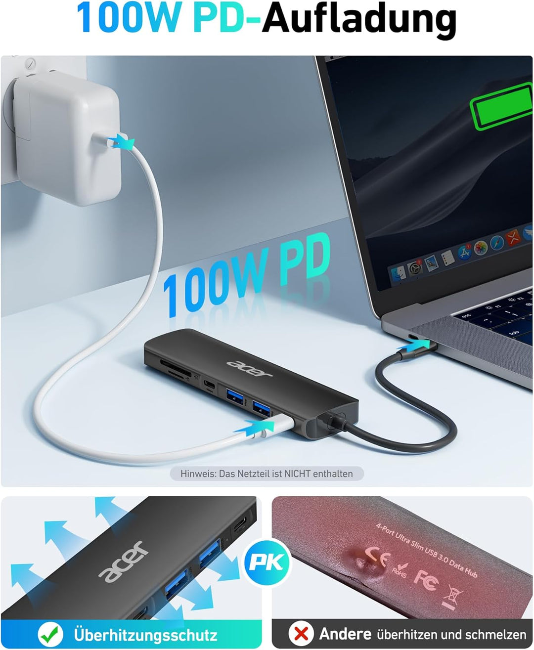 Acer USB C Hub, 7-in-1 USB-C zu HDMI Splitter, 2 USB 3.1 GEN1 und 5 Gbps Typ-C Datenanschluss, 4K HD