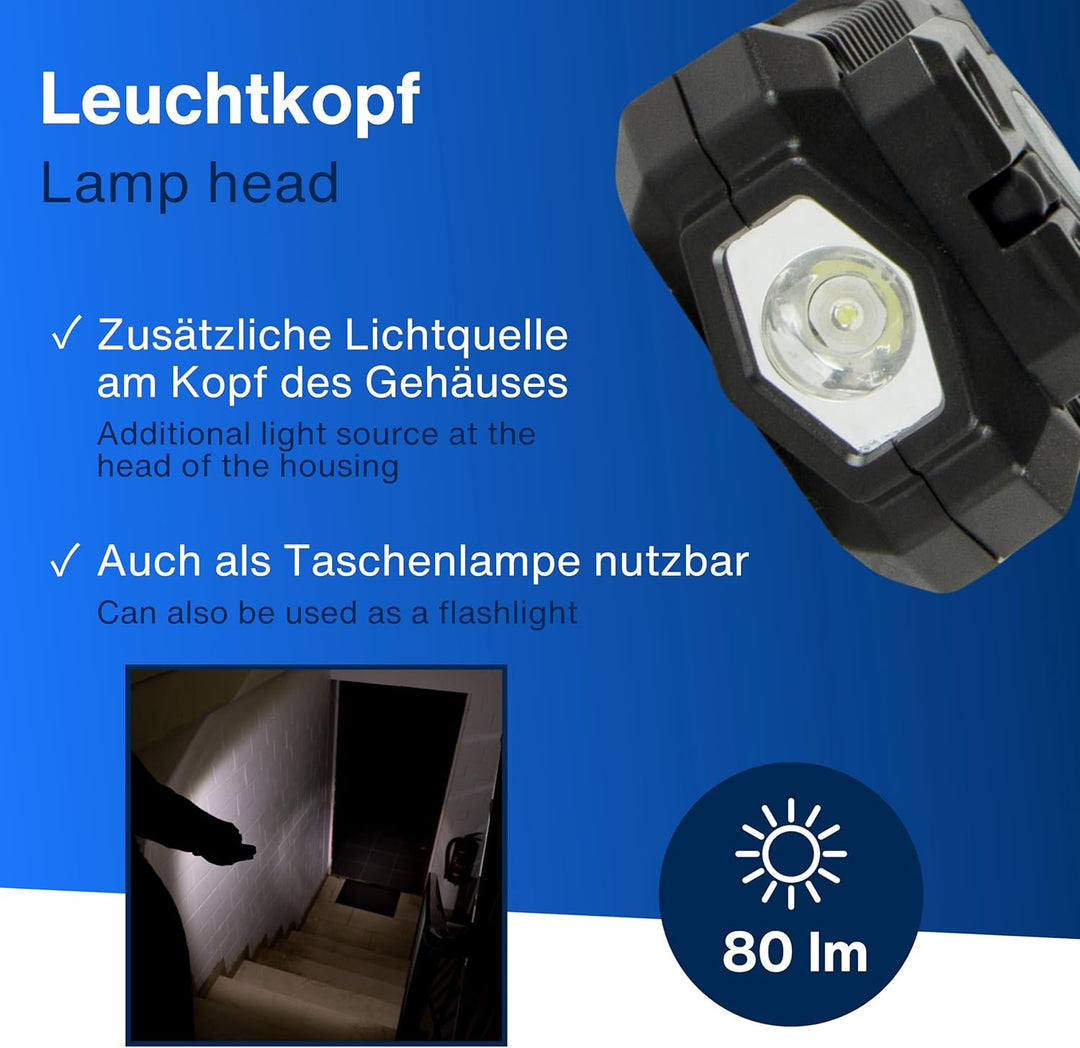 REV LED Arbeitsleuchte TORCH – Kompakte Akku Handlampe mit 360° Magnetfuss & Aufhängehaken, ideal fü