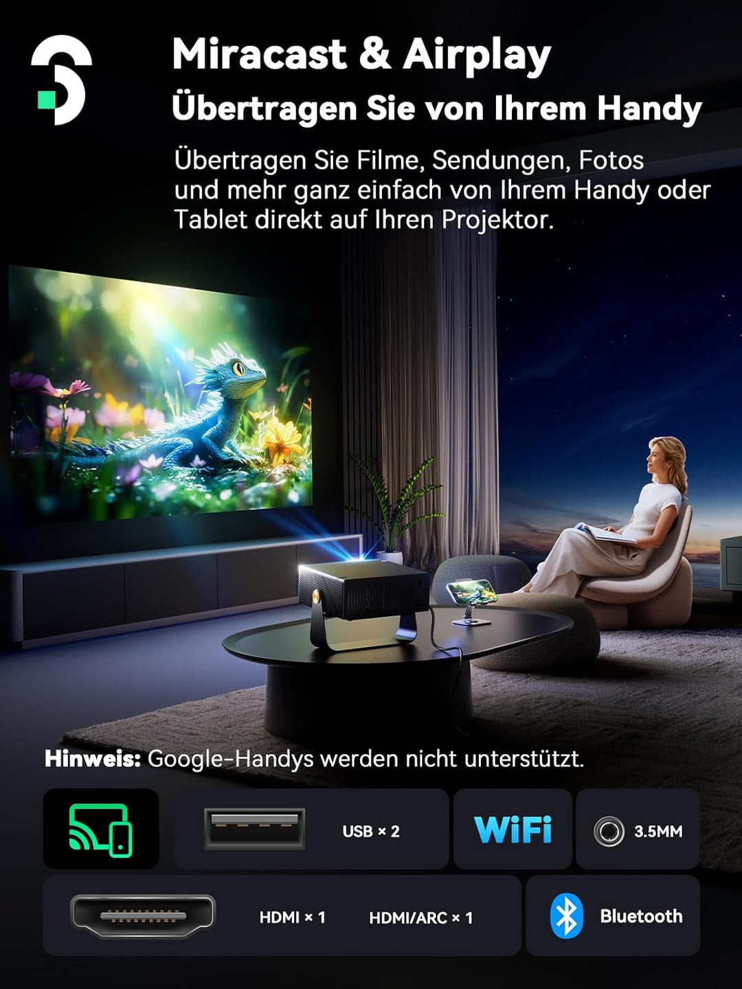 SOOMFON Smart Beamer 4K Heimkino - Kleiner Beamer für Handy Autofokus ＆ Trapezkorrektur, Mini Projek