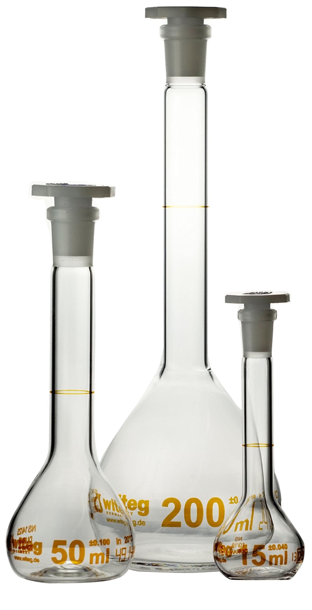 Messkolben 15ml NS10/19 Klasse A (ISO 1042, DE-M) braun graduiert mit Normschliff, PE-Stopfen und Ko