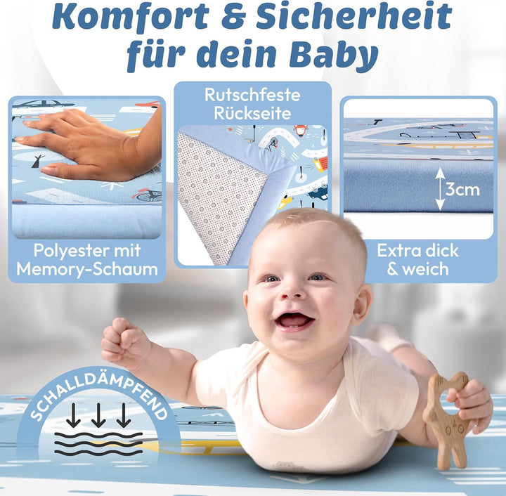 Seidenweiche Krabbelmatte Baby 200x150x3cm Autos & Strassen Extra Dicke(3cm) Spielmatte Kinder mit P