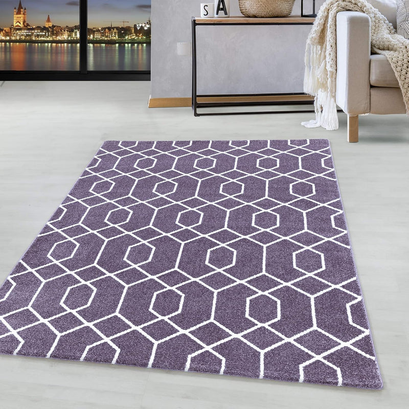 HomebyHome Teppich Wohnzimmer 80x150 cm Läufer Flur Violett Retro Linien Design - Schlafzimmer Teppi